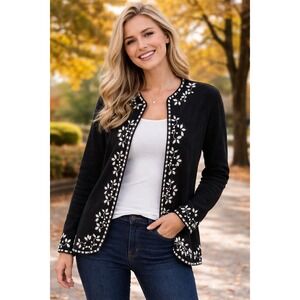 Coldwater Creek Black Wool Embroidered Beaded Cardigan Sweater Petite Medium PM